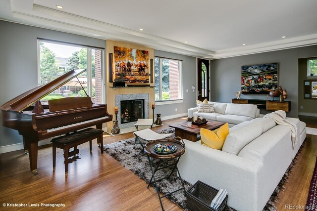 460 N Garfield St, Denver, CO 80206 - living room with wood finished floors, a premium fireplace, plenty of natural light, recessed lighting, and a raised ceiling