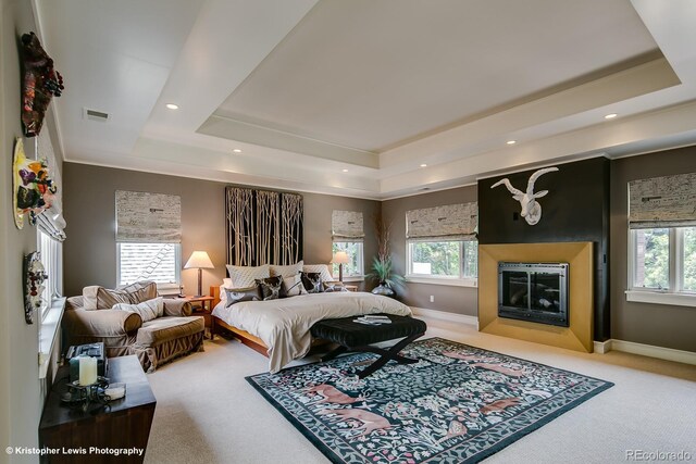 460 N Garfield St, Denver, CO 80206 - carpeted bedroom featuring a raised ceiling, multiple windows, recessed lighting, and a glass covered fireplace