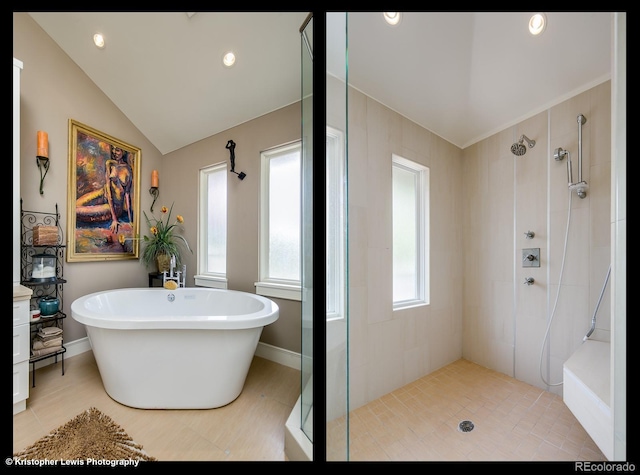 460 N Garfield St, Denver, CO 80206 - full bathroom with a stall shower, a freestanding tub, lofted ceiling, tile patterned floors, and recessed lighting