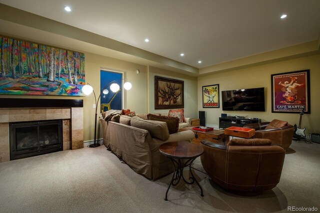 460 N Garfield St, Denver, CO 80206 - living room featuring carpet floors, recessed lighting, and a fireplace