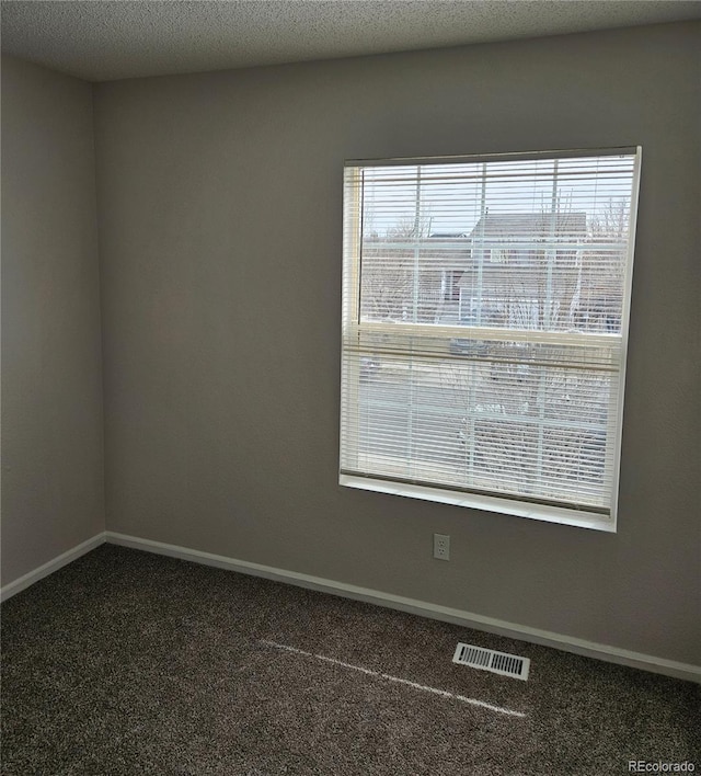 empty room with visible vents, a healthy amount of sunlight, a textured ceiling, and carpet flooring