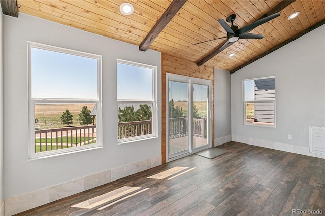 empty room featuring ceiling fan, dark hardwood / wood-style floors, wood ceiling, and vaulted ceiling with beams