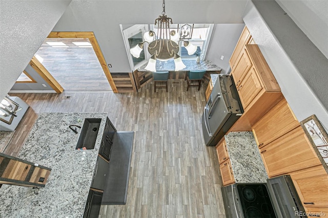 kitchen with an inviting chandelier