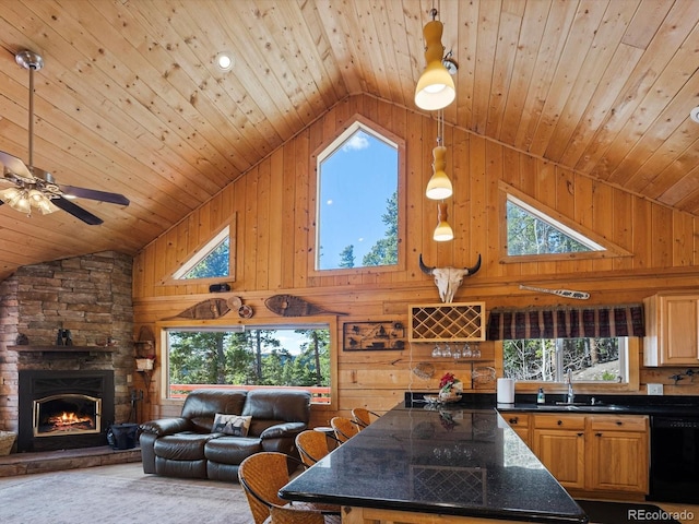 451 Harris Dr, Idaho Springs, CO 80452 - kitchen featuring wood ceiling, a sink, black dishwasher, healthy amount of natural light, and wooden walls