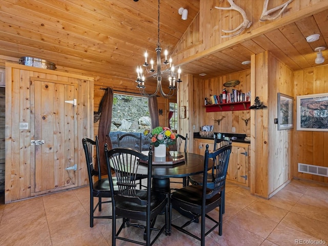 451 Harris Dr, Idaho Springs, CO 80452 - dining area with wood ceiling, wood walls, a chandelier, lofted ceiling, and light tile patterned floors