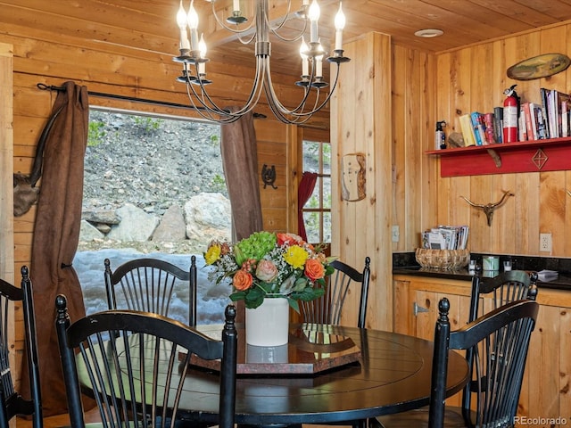 451 Harris Dr, Idaho Springs, CO 80452 - dining area featuring wooden ceiling, wood walls, and a chandelier
