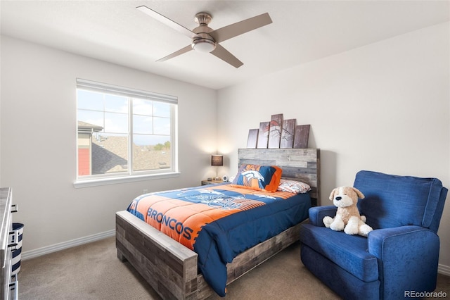 bedroom featuring carpet, baseboards, and ceiling fan