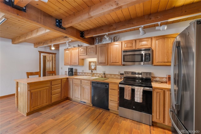 kitchen featuring tile counters, track lighting, wooden ceiling, a peninsula, and appliances with stainless steel finishes