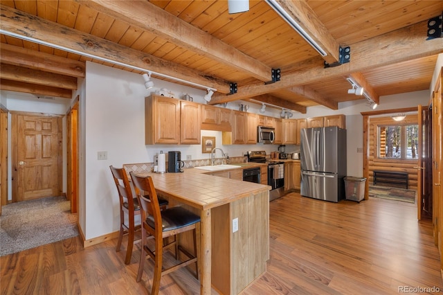 kitchen featuring wooden ceiling, a sink, tile counters, and appliances with stainless steel finishes