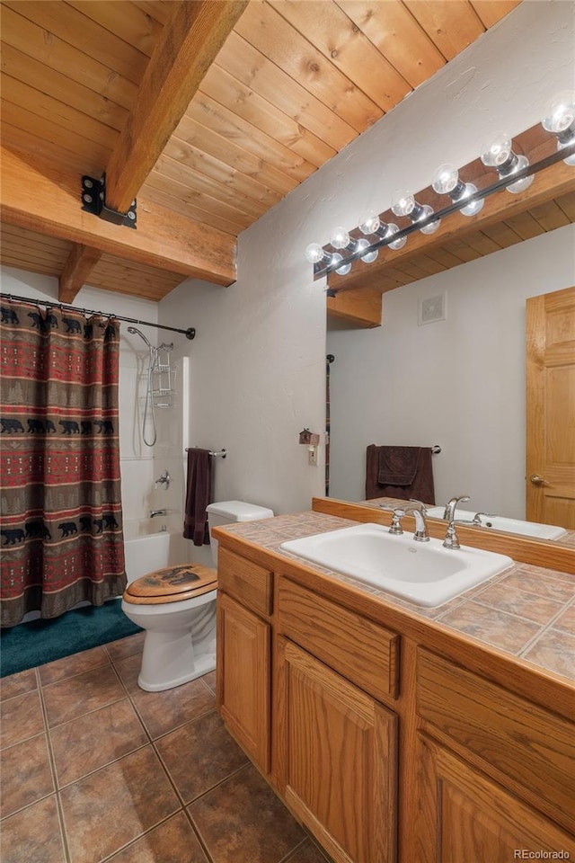 bathroom featuring shower / bath combo, wood ceiling, toilet, tile patterned flooring, and beam ceiling
