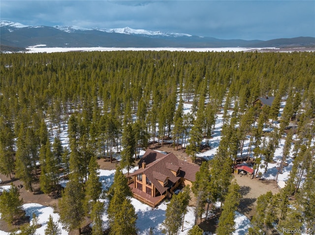 birds eye view of property with a forest view and a mountain view