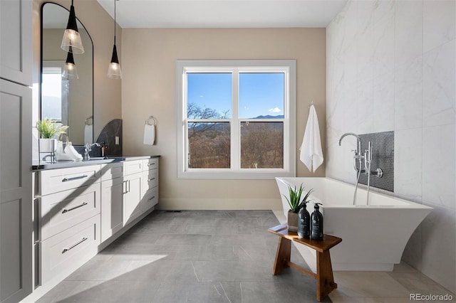 bathroom featuring tile walls, a freestanding bath, a healthy amount of sunlight, and vanity