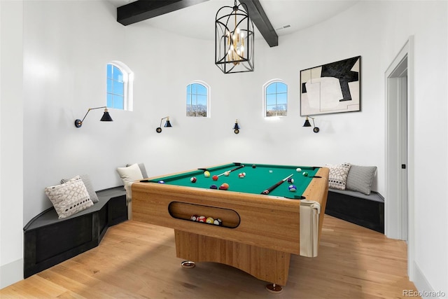 rec room with beam ceiling, visible vents, pool table, and wood finished floors