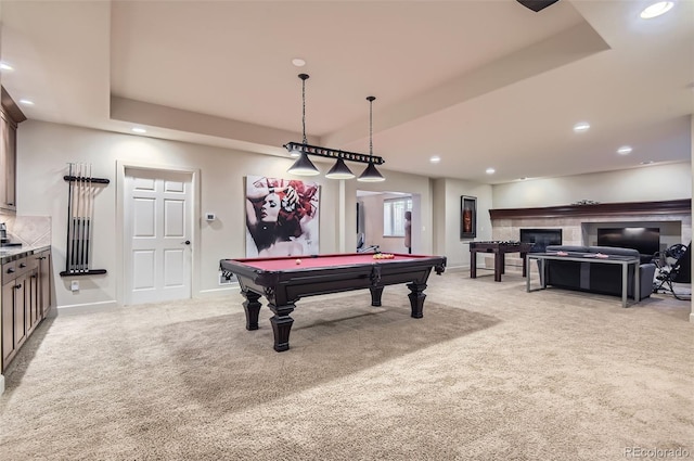 9470 S Silent Hills Dr, Lone Tree, CO 80124 - rec room featuring recessed lighting, billiards table, light carpet, baseboards, and a raised ceiling