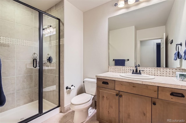 9470 S Silent Hills Dr, Lone Tree, CO 80124 - full bathroom with toilet, vanity, a stall shower, tile patterned flooring, and backsplash