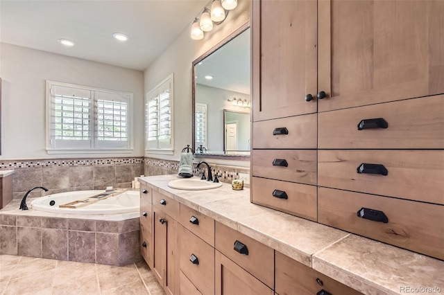 9470 S Silent Hills Dr, Lone Tree, CO 80124 - bathroom featuring a bath, vanity, tile patterned flooring, and recessed lighting