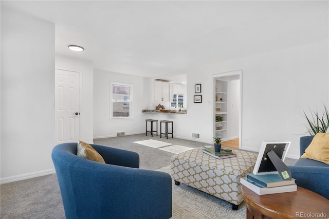 living room featuring carpet, built in shelves, and sink