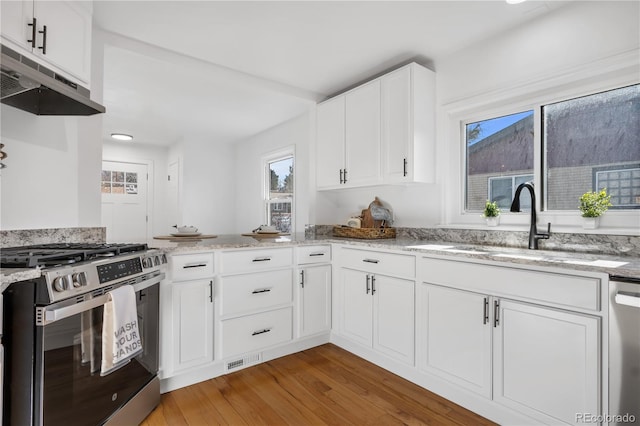 kitchen with sink, white cabinetry, light hardwood / wood-style flooring, light stone countertops, and stainless steel appliances