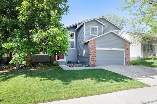 2935 Bow Line Pl, Longmont, CO 80503 - view of front facade with driveway, a front lawn, a garage, and brick siding