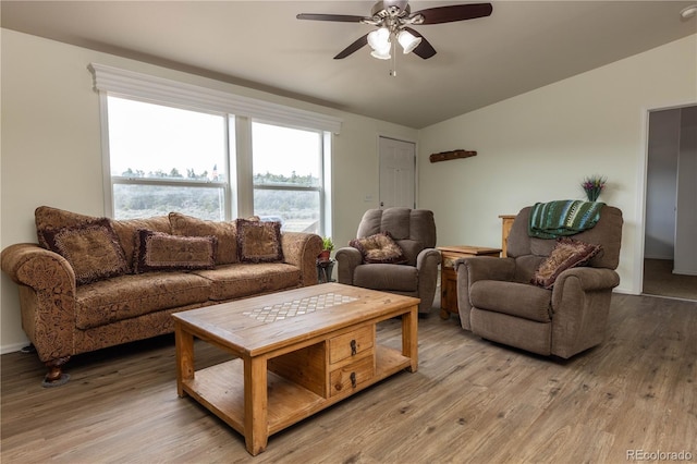 3130 Elk Park Rd, San Luis, CO 81152 - living room featuring lofted ceiling, a ceiling fan, and light wood-style floors