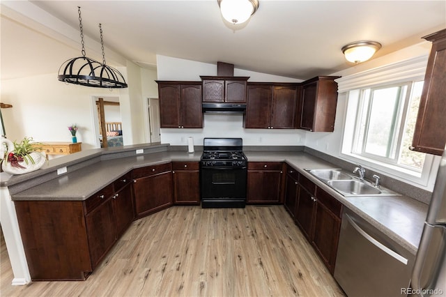3130 Elk Park Rd, San Luis, CO 81152 - kitchen with gas stove, a sink, under cabinet range hood, stainless steel dishwasher, and light wood-type flooring