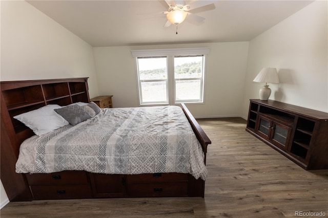 3130 Elk Park Rd, San Luis, CO 81152 - bedroom with wood finished floors, lofted ceiling, baseboards, and ceiling fan