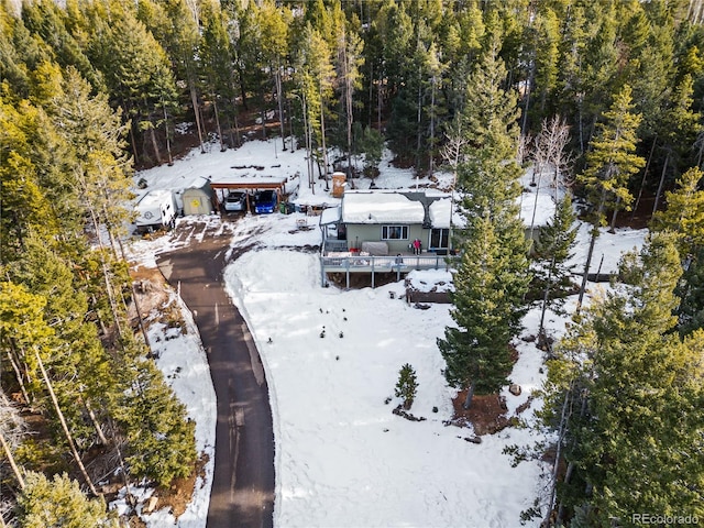 snowy aerial view featuring a view of trees