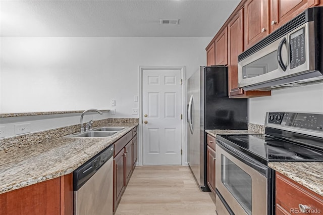 7777 E 23rd Ave Unit 1406, Denver, CO 80238 - kitchen featuring appliances with stainless steel finishes, a sink, light wood-style flooring, light stone counters, and brown cabinets