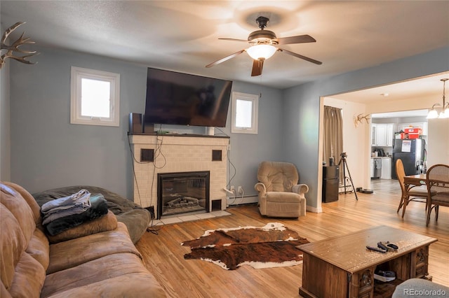 living room featuring a baseboard radiator, plenty of natural light, a fireplace, and light wood-type flooring