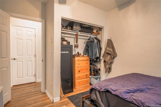 bedroom with hardwood / wood-style floors and a closet