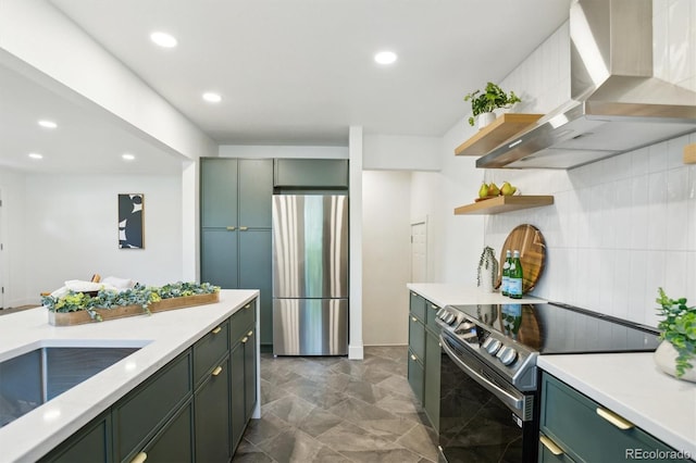 4465 N Umatilla St, Denver, CO 80211 - kitchen with extractor fan, appliances with stainless steel finishes, green cabinetry, open shelves, and light countertops