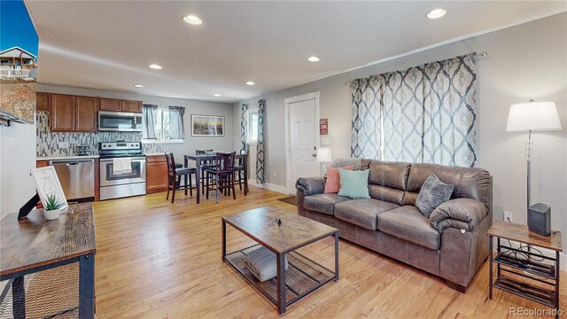 living room with light hardwood / wood-style flooring