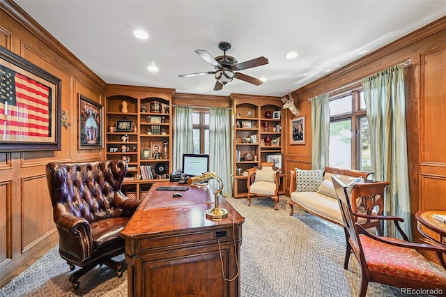 5475 S Laredo St, Centennial, CO 80015 - home office with ceiling fan, recessed lighting, ornamental molding, and built in features