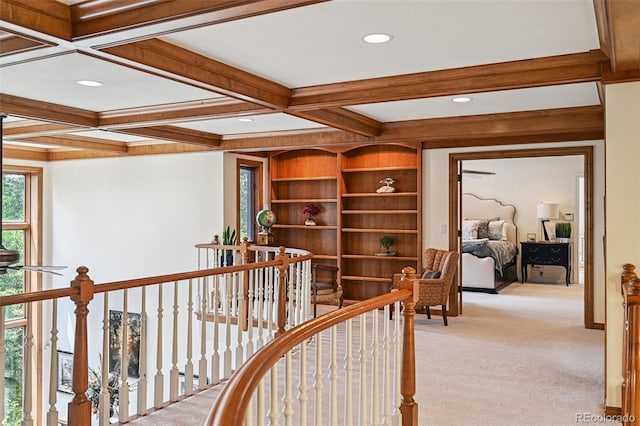 5475 S Laredo St, Centennial, CO 80015 - corridor featuring an upstairs landing, light colored carpet, beam ceiling, coffered ceiling, and recessed lighting