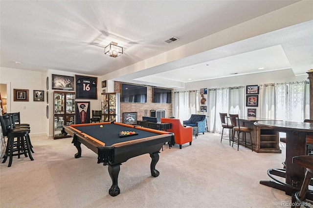 5475 S Laredo St, Centennial, CO 80015 - game room with carpet flooring, pool table, and a brick fireplace