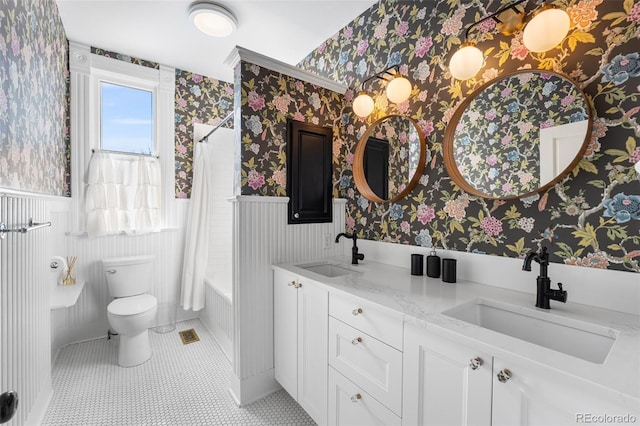 full bathroom featuring shower / bathtub combination with curtain, vanity, toilet, and tile patterned flooring