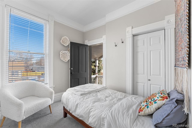 carpeted bedroom featuring ornamental molding and a closet