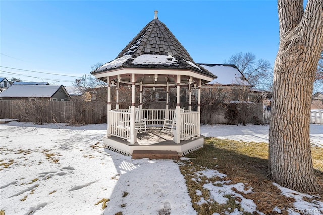 view of snow covered deck