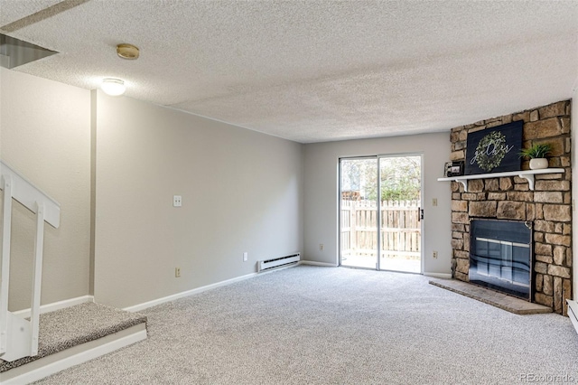 8231 S Fillmore Way, Centennial, CO 80122 - unfurnished living room with a baseboard heating unit, carpet, a stone fireplace, a textured ceiling, and baseboards