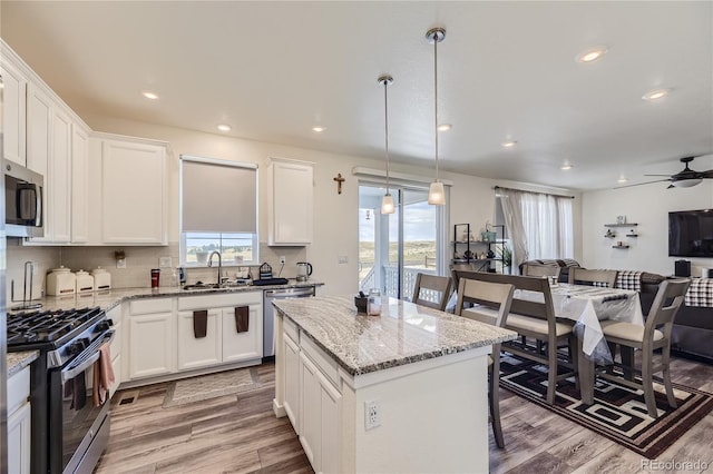 kitchen with stainless steel appliances, decorative backsplash, open floor plan, white cabinetry, and a sink