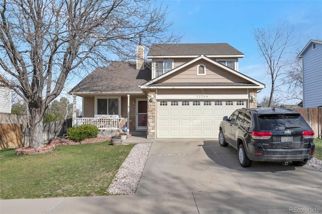 12134 Glencoe St, Thornton, CO 80241 - view of front of property with covered porch, driveway, a chimney, an attached garage, and stone siding