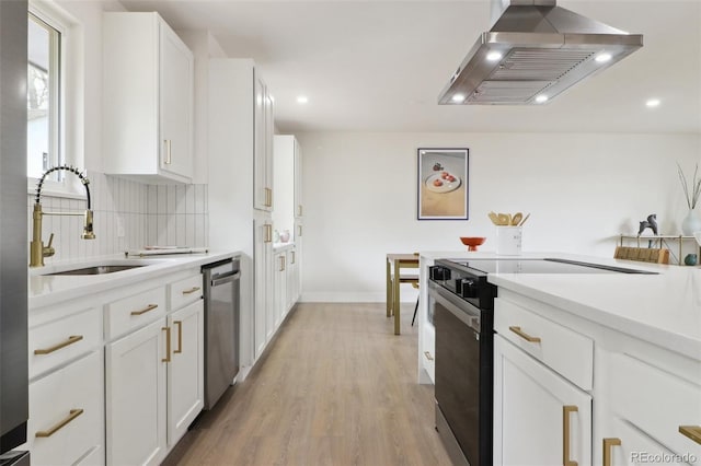 kitchen featuring a sink, ventilation hood, backsplash, stainless steel dishwasher, and range with electric cooktop