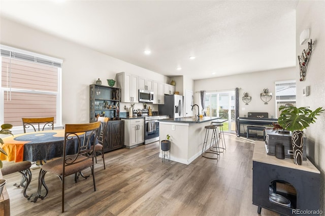 kitchen featuring a kitchen island with sink, dark countertops, wood finished floors, stainless steel appliances, and a breakfast bar area