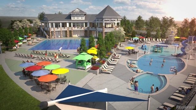 7202 S Valleyhead Ct, Aurora, CO 80016 - community pool featuring a water slide, a patio area, and a water play area