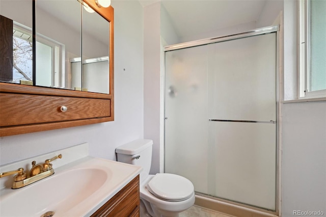full bath with vanity, toilet, and a stall shower