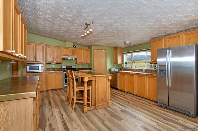 kitchen with a kitchen island, vaulted ceiling, appliances with stainless steel finishes, light hardwood / wood-style floors, and sink