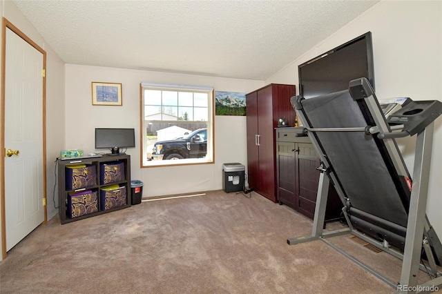 workout area featuring a textured ceiling and carpet floors