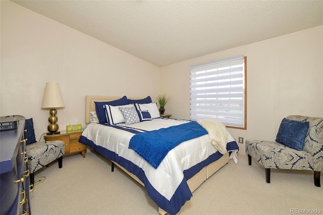 carpeted bedroom with a textured ceiling