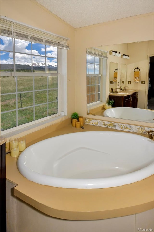 bathroom with a textured ceiling, a tub, and vanity