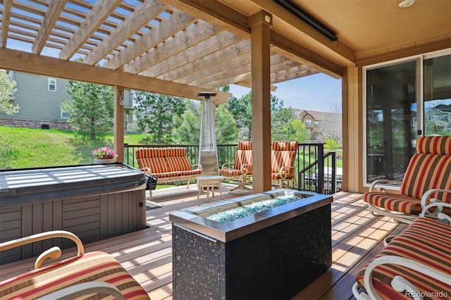 4077 Forever Cir, Castle Rock, CO 80109 - wooden terrace with a hot tub, a pergola, and an outdoor fire pit